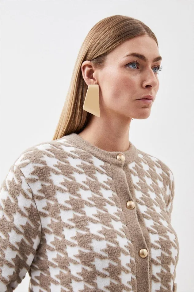 Knitwear Women Karen Millen Boucle Jacquard Dogtooth Knit Cardigan Multi