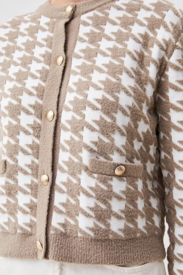 Knitwear Women Karen Millen Boucle Jacquard Dogtooth Knit Cardigan Multi
