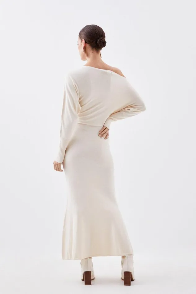 Knitwear Women Karen Millen Petite Viscose Blend Asymmetric Knitted Midaxi Dress Ivory