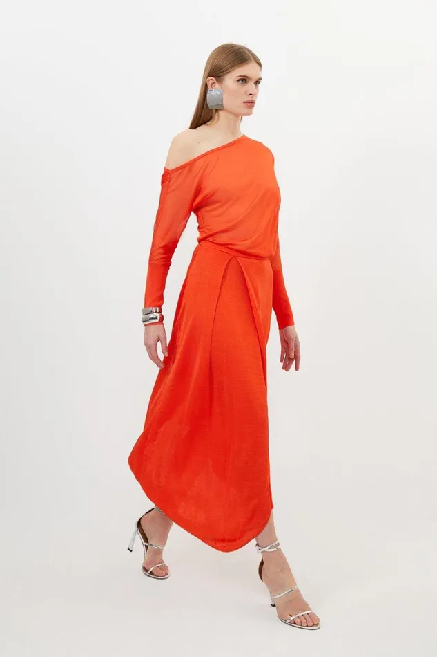 Knitwear Women Karen Millen Slinky Viscose Blend Off Shoulder Asymmetric Midaxi Dress Tomato Knitwear Women Karen Millen Slinky Viscose Blend Off Shoulder Asymmetric Midaxi Dress Tomato