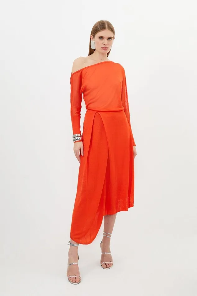 Knitwear Women Karen Millen Slinky Viscose Blend Off Shoulder Asymmetric Midaxi Dress Tomato
