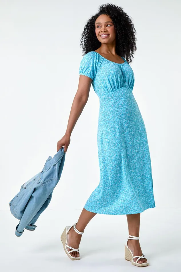 Light Blue Petite Ditsy Print Midi Stretch Dress Women Roman Dresses