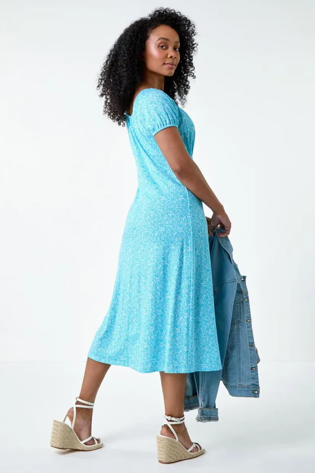 Light Blue Petite Ditsy Print Midi Stretch Dress Women Roman Dresses