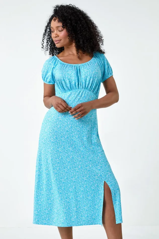 Light Blue Petite Ditsy Print Midi Stretch Dress Women Roman Dresses