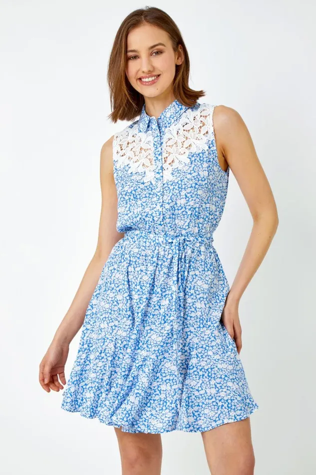 Light Blue Sleeveless Lace Trim Floral Shirt Dress Women Roman Dresses