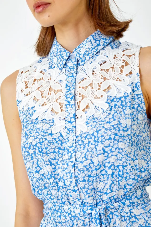 Light Blue Sleeveless Lace Trim Floral Shirt Dress Women Roman Dresses