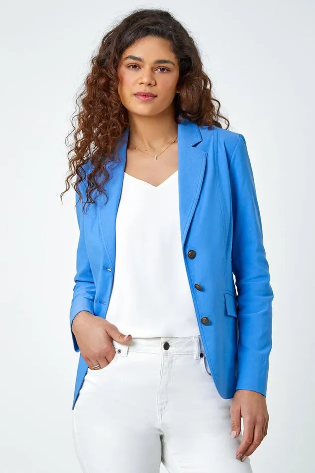 Light Denim Button Detail Stretch Blazer Women Roman Jackets