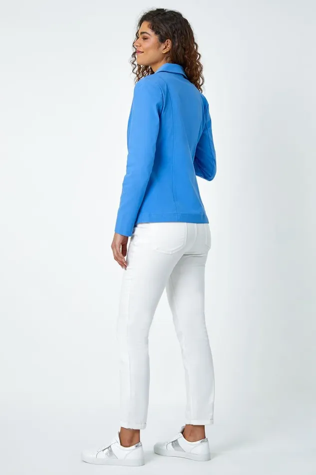Light Denim Button Detail Stretch Blazer Women Roman Jackets