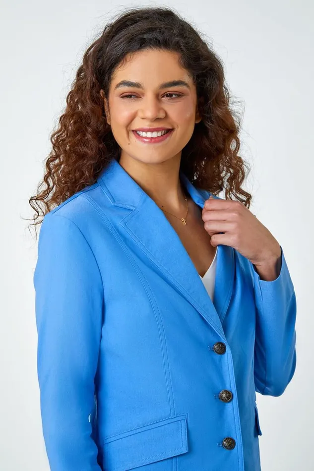 Light Denim Button Detail Stretch Blazer Women Roman Jackets