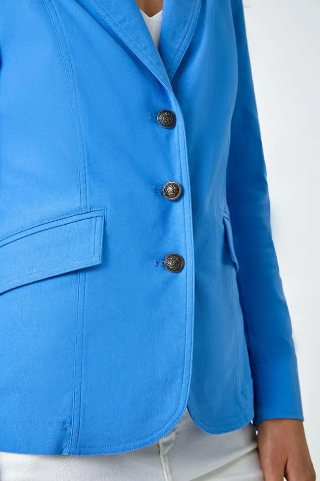 Light Denim Button Detail Stretch Blazer Women Roman Jackets