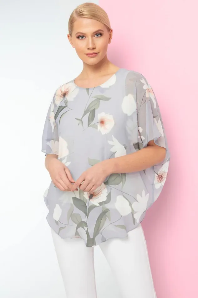 Light Grey Batwing Floral Top Women Roman Tops