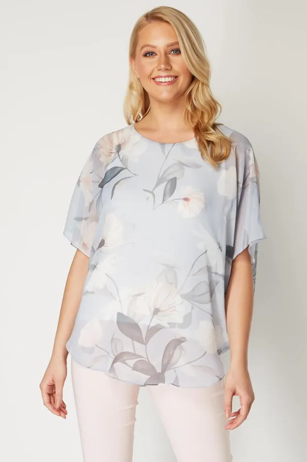 Light Grey Batwing Floral Top Women Roman Tops