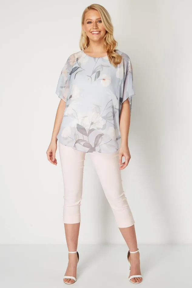 Light Grey Batwing Floral Top Women Roman Tops