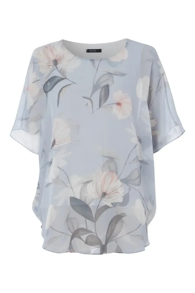 Light Grey Batwing Floral Top Women Roman Tops