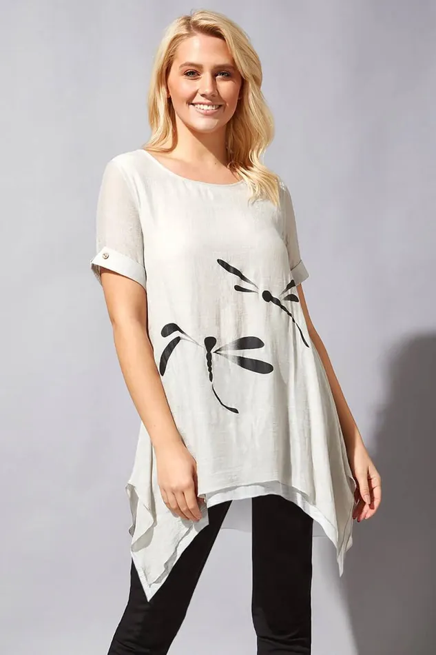 Light Grey Dragonfly Print Asymmetric Tunic Top Women Roman Tops