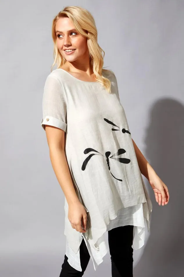 Light Grey Dragonfly Print Asymmetric Tunic Top Women Roman Tops