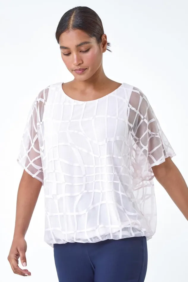 Light Pink Abstract Check Print Blouson Top Women Roman Tops