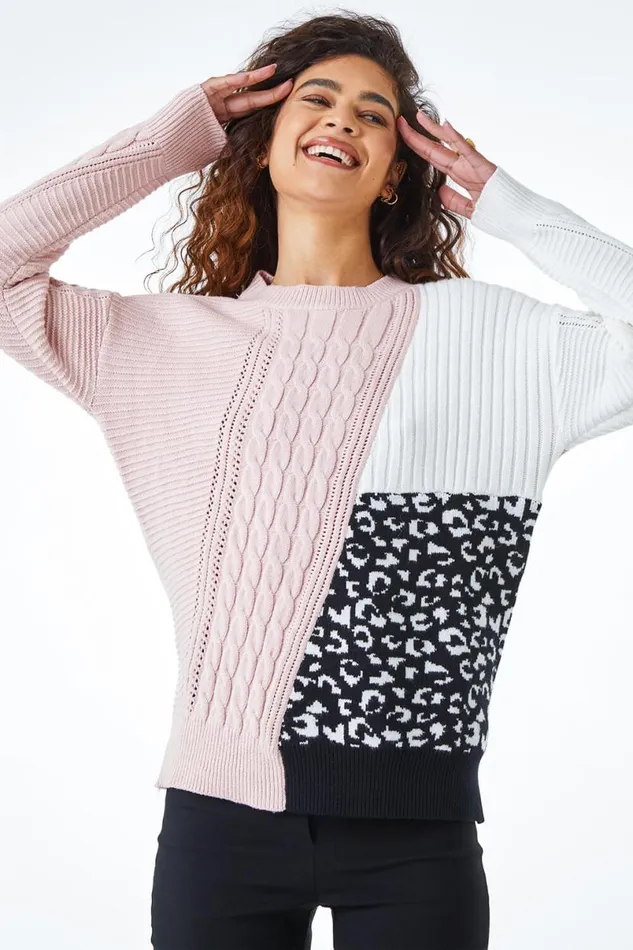 Light Pink Colour Block Animal Print Jumper Women Roman Knitwear