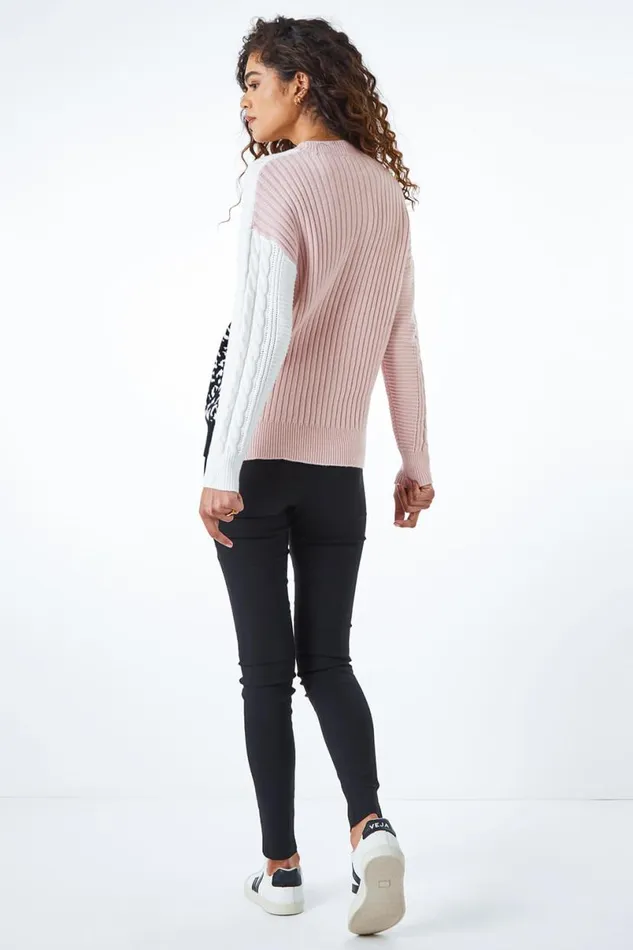Light Pink Colour Block Animal Print Jumper Women Roman Knitwear