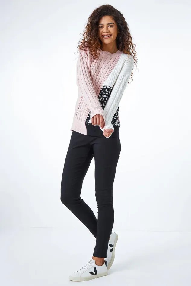 Light Pink Colour Block Animal Print Jumper Women Roman Knitwear