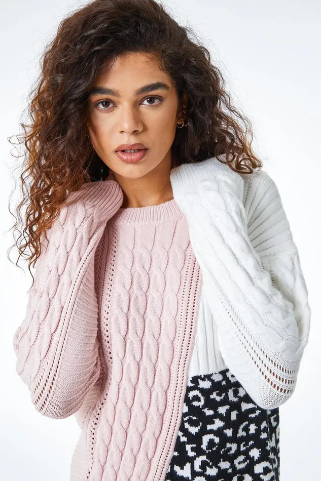 Light Pink Colour Block Animal Print Jumper Women Roman Knitwear