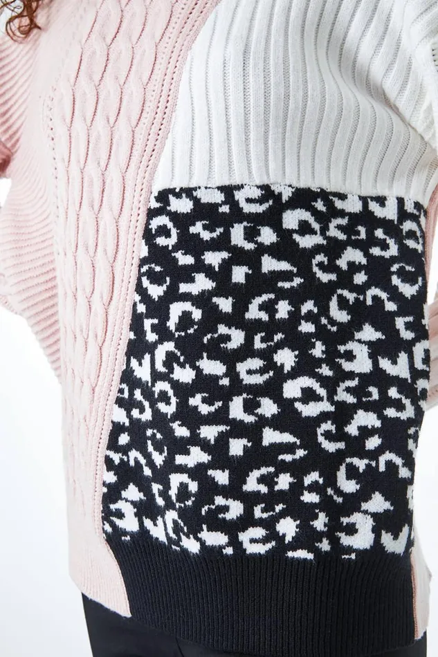 Light Pink Colour Block Animal Print Jumper Women Roman Knitwear