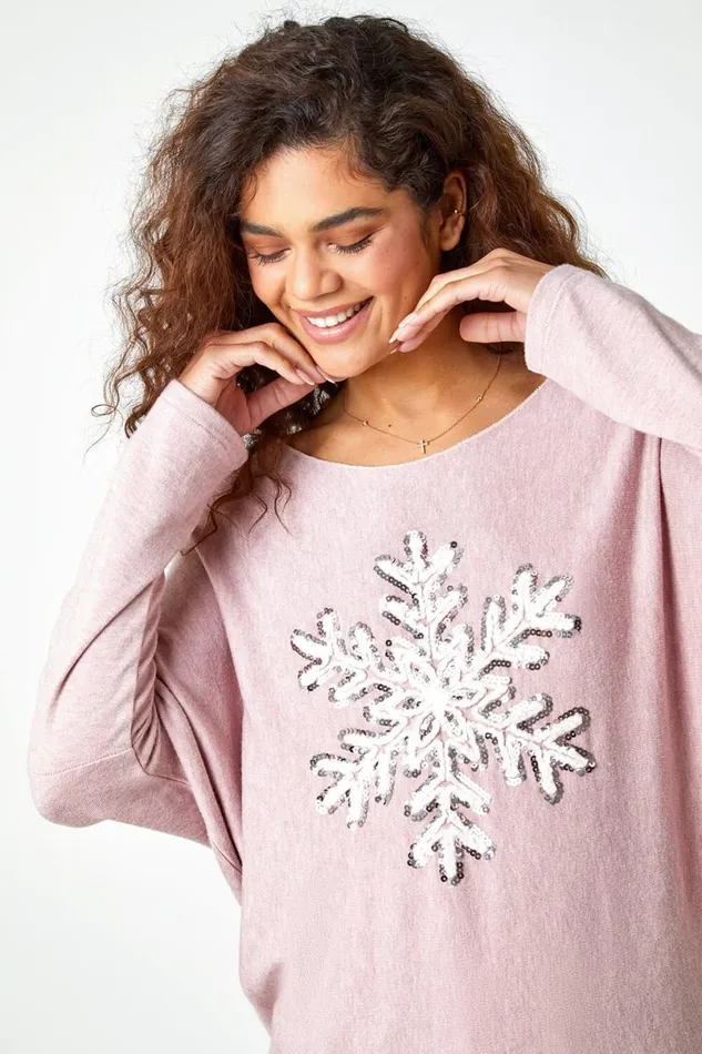 Light Pink Embellished Snowflake Stretch Top Women Roman Tops