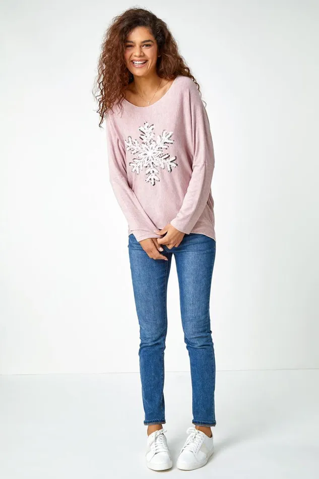 Light Pink Embellished Snowflake Stretch Top Women Roman Tops