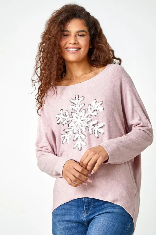 Light Pink Embellished Snowflake Stretch Top Women Roman Tops