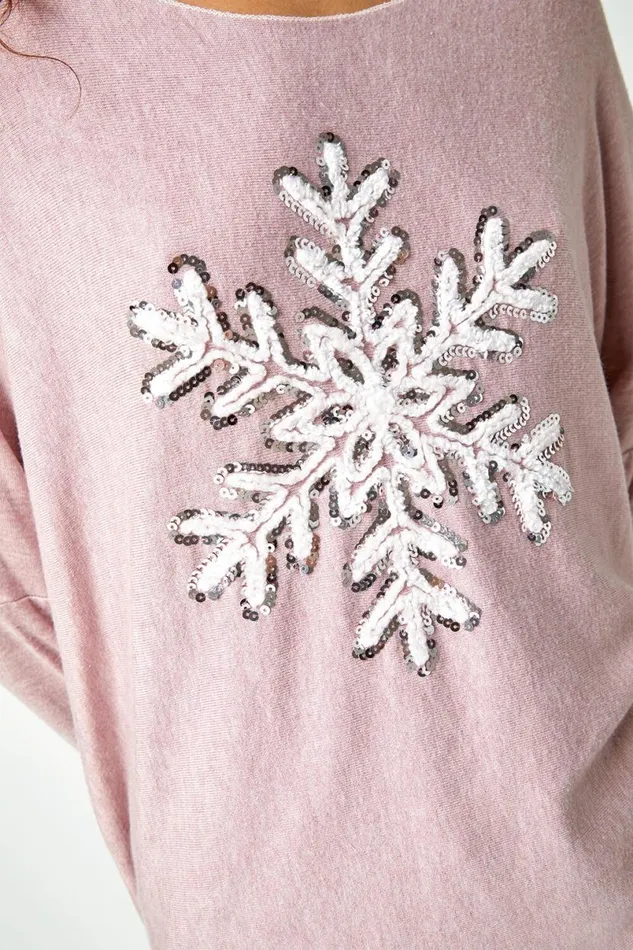 Light Pink Embellished Snowflake Stretch Top Women Roman Tops