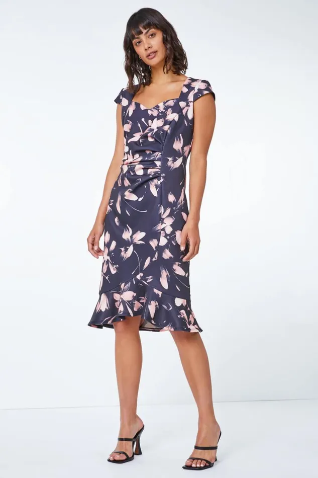 Light Pink Floral Print Frill Hem Ruched Scuba Dress Women Roman Dresses