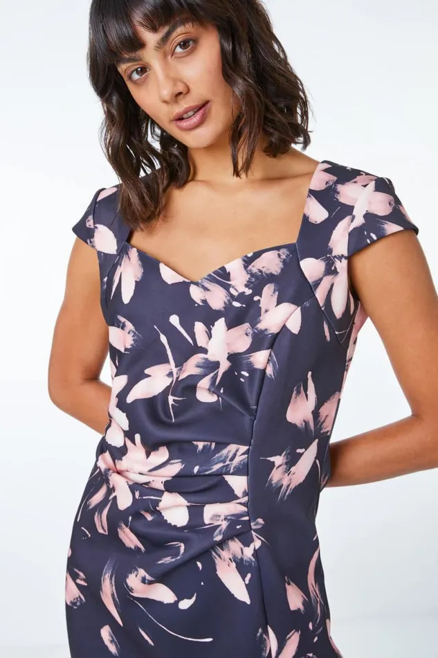 Light Pink Floral Print Frill Hem Ruched Scuba Dress Women Roman Dresses