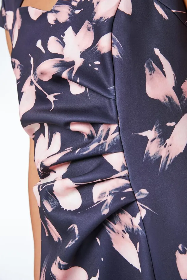 Light Pink Floral Print Frill Hem Ruched Scuba Dress Women Roman Dresses