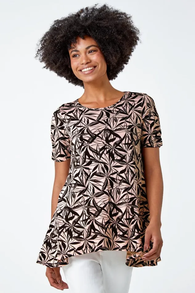 Light Pink Leaf Print Hanky Hem Tunic Top Women Roman Tops
