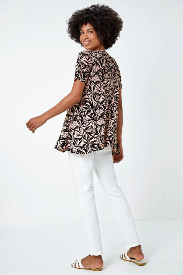 Light Pink Leaf Print Hanky Hem Tunic Top Women Roman Tops