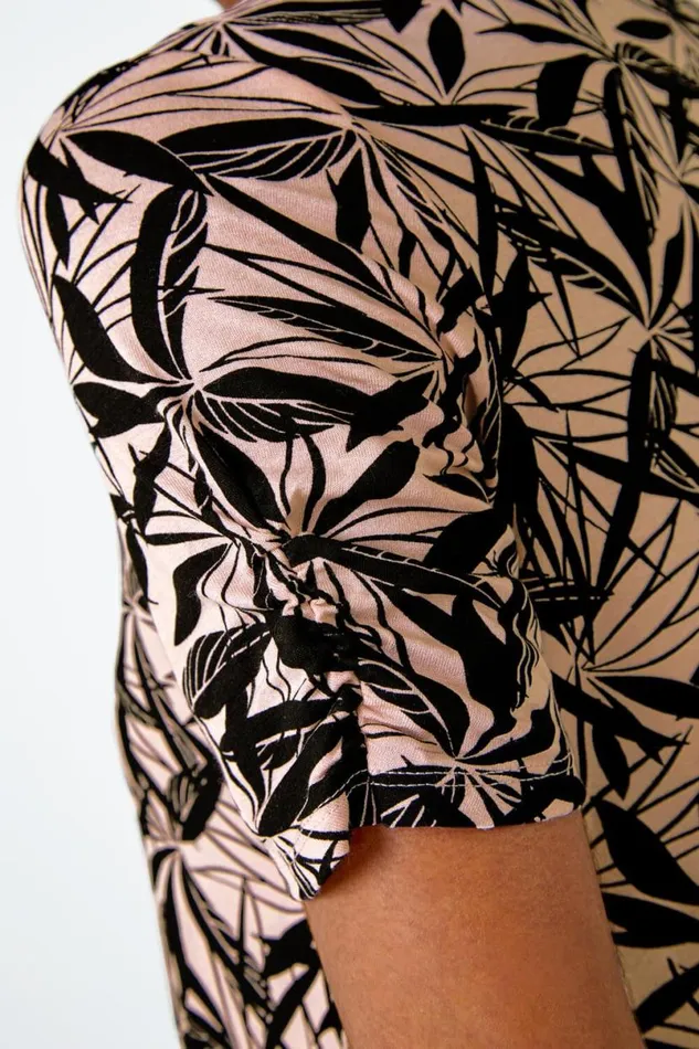 Light Pink Leaf Print Hanky Hem Tunic Top Women Roman Tops