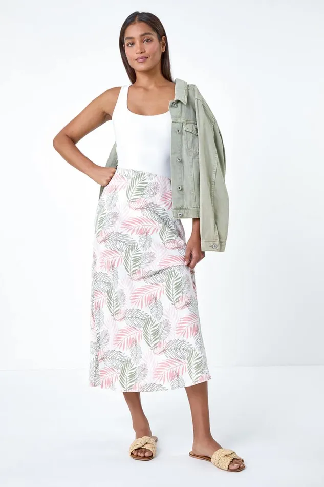 Light Pink Leaf Print Linen Blend ALine Skirt Women Roman Skirts