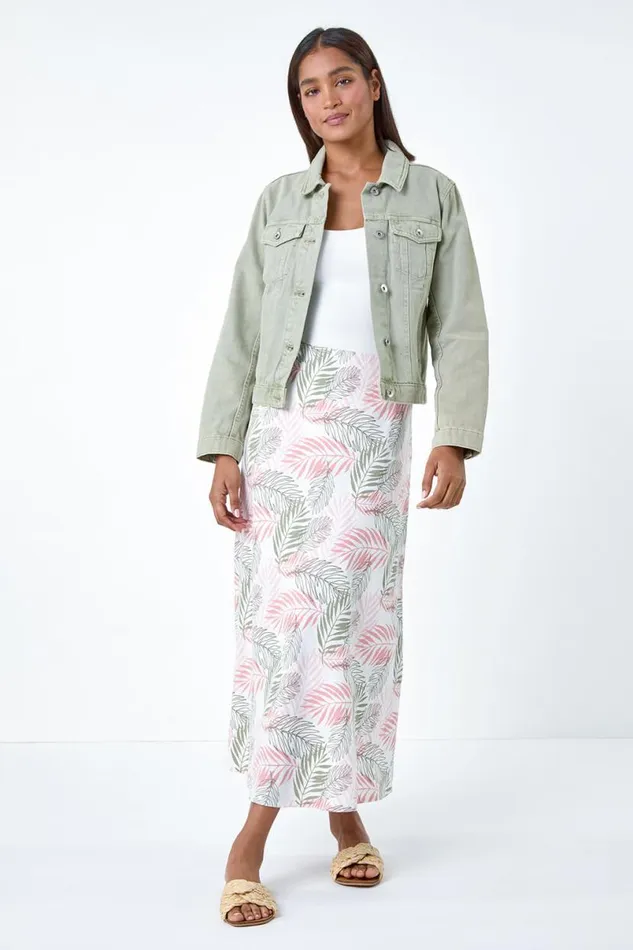 Light Pink Leaf Print Linen Blend ALine Skirt Women Roman Skirts