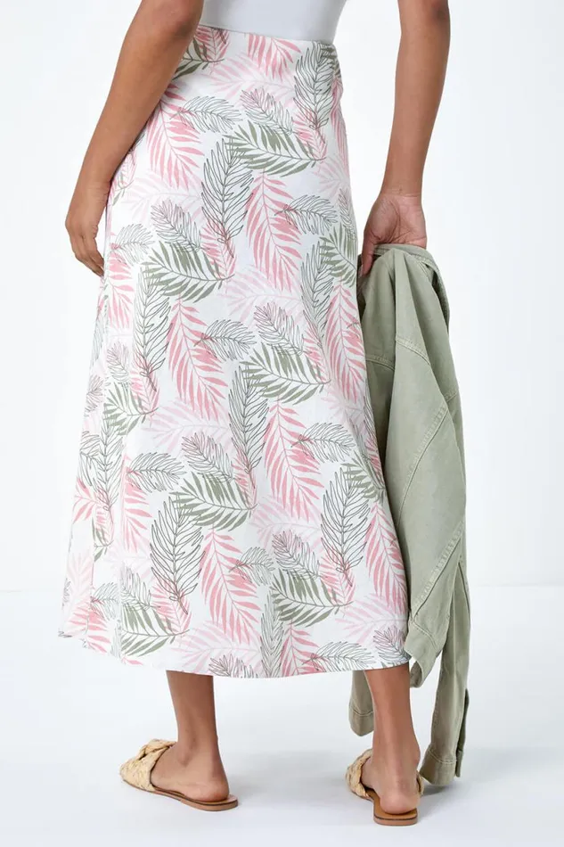 Light Pink Leaf Print Linen Blend ALine Skirt Women Roman Skirts