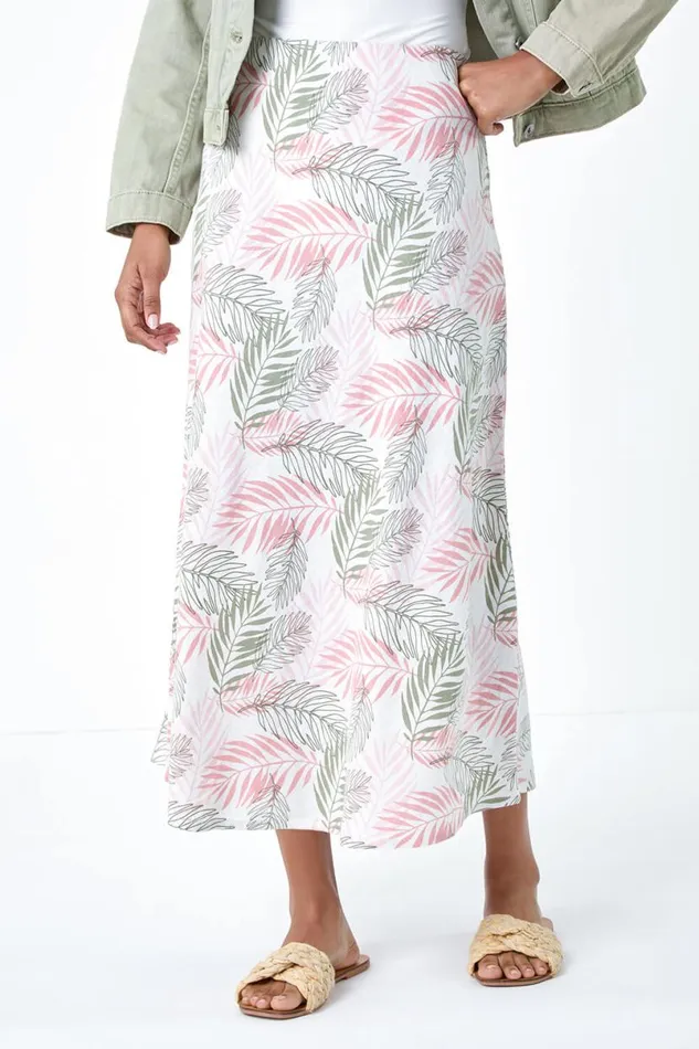 Light Pink Leaf Print Linen Blend ALine Skirt Women Roman Skirts