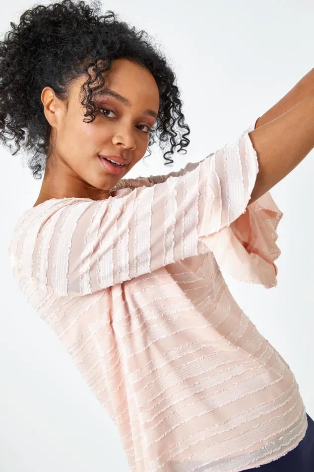 Light Pink Petite Burnout Stripe Top Women Roman Tops