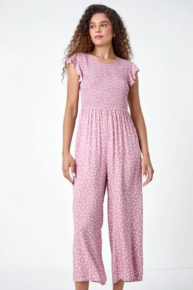 Light Pink Polka Dot Shirred Pocket Jumpsuit Women Roman Jumpsuits and Playsuits