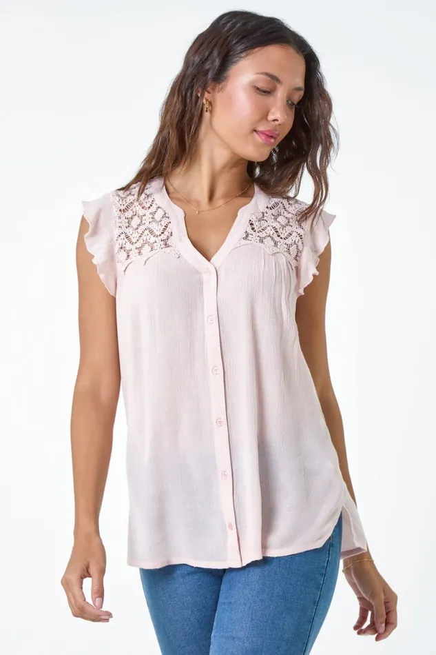 Light Pink Sleeveless VNeck Lace Detail Blouse Women Roman Tops