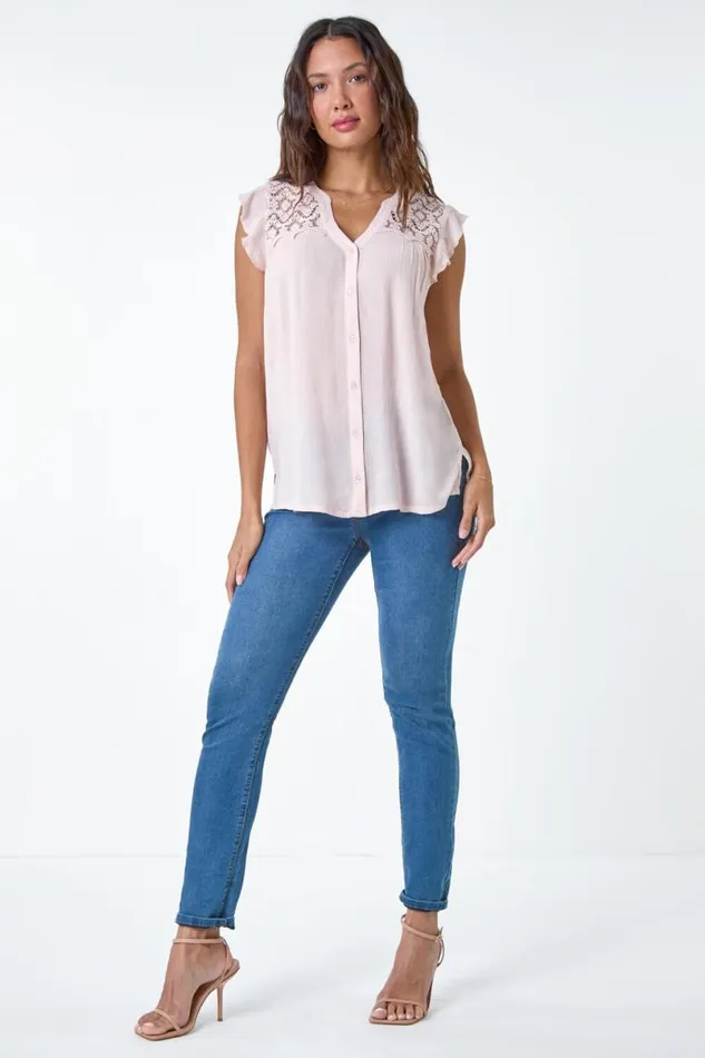 Light Pink Sleeveless VNeck Lace Detail Blouse Women Roman Tops