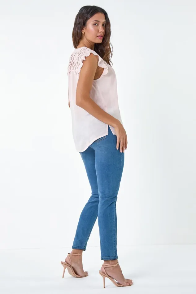 Light Pink Sleeveless VNeck Lace Detail Blouse Women Roman Tops