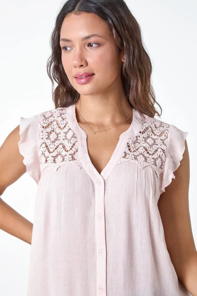 Light Pink Sleeveless VNeck Lace Detail Blouse Women Roman Tops