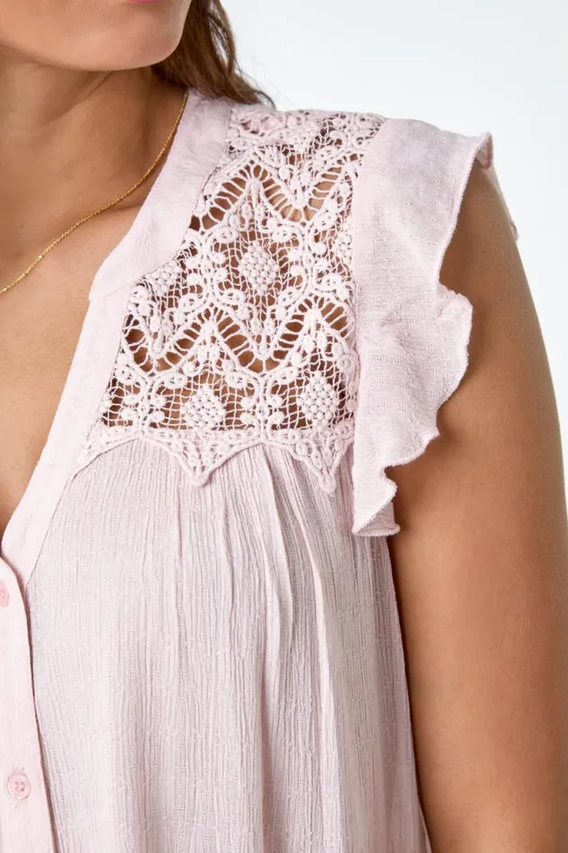 Light Pink Sleeveless VNeck Lace Detail Blouse Women Roman Tops