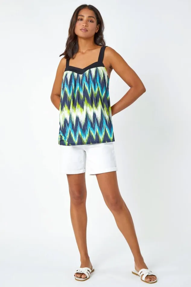 Lime Contrast Zig Zag VNeck Stretch Cami Top Women Roman Tops