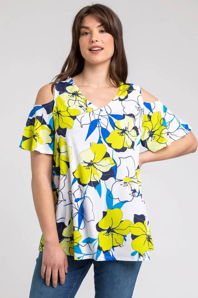 Lime Curve Floral VNeck Cold Shoulder Tunic Top Women Roman Tops