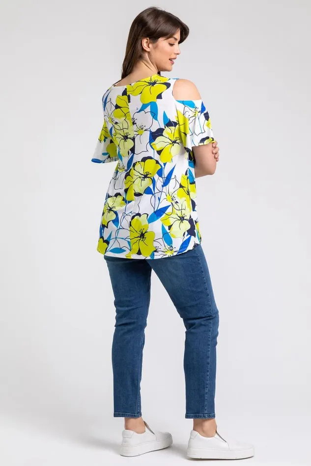 Lime Curve Floral VNeck Cold Shoulder Tunic Top Women Roman Tops